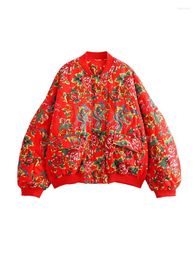 Women's Trench Coats Autumn Winter Fashion Chinese Indie Folk Womens Red Parkas Female Casual Phoenix Flower Print Loose Jackets Outwear