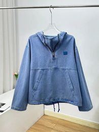 Women's Hoodies Embroidery Decoration Women Blue Denim Coat Ladies Long Sleeve Half Zipper Loose Fit Ullover With Large Pocket 2024