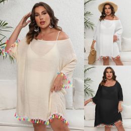 3XL Large Size Beach Cover Ups for Women Summer Beach Dress Tassel Sarong Beachwear White Pareo Plus 2023 Swim