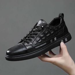 Shoes Man Fashion Autumn Winter Men's Leather Panel Round Toe Solid White Black Low-top Korean Men Sneakers Social Shoe Sports