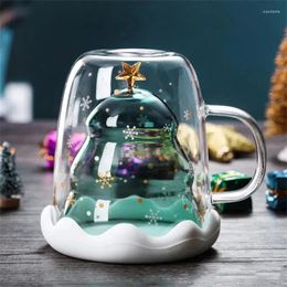 Mugs Creative Christmas Tree Glass Mug With Lid Coffee Cup Heat-Resistant Double Wall Milk Snowflake Gift