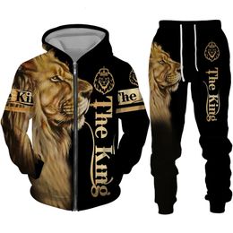 The Lion King 3D Print Men's Zipper Hoodie/Suit Men's Casual Sportwear Two Piece Set Cool Animal Pattern Jacket Pants Tracksuit 240106