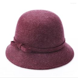 Berets Fall Winter Women Fedora Caps Vintage Sun Hats For Woman Lady Wide Brim Wool Felt Bowknot Hat