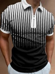 Men's Casual Shorts Sleeve Polo Shirts Men Male Zip Turndown Collar Tee Shirt Geometric Print Tops Clothing Clothes For 240106