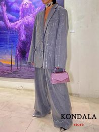KONDALA Vintage Grey Sequined Oversized Blazer Suit Women Long Sleeve V Neck Shiny Blazer Wide Leg Pants Fashion Party Set 240105