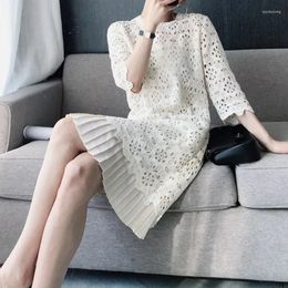 Party Dresses Spring Summer Women Dress Luxury Vintage Retro Lace Red Wine Elegant Hollow Out Pleated OL Ladies NS454