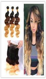 1B427 Honey Blonde Ombre 360 Lace Frontal With Bundles 9A Brazilian Body Wave Hair With Full Frontal 360 Band Lace Closure6052696
