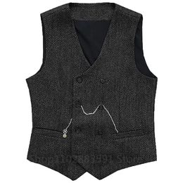 V Neck Men's Suit Vests Herringbone Wool Tweed Double Breasted Waistcoat Tuxedo Groomsmen For Wedding 240105