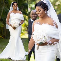 Plus Size Aso Ebi Wedding Dresses for Bride Mermaid Sheer Neck Long Sleeves Appliqued Lace Illusion Bridal Gowns for African Marriage Black Women Nigeria Girl CDW188