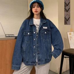 Retro Denim Jacket for Women 2023 Single Breasted Long Sleeve Loose Woman Korean Fashion Turn Down Collar Jean Blue Coat 240105