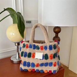 Colored plush dot women's bento handbag with retro design women's fluffy bucket bag large capacity shoulder bag wallet leisure handbag 240106