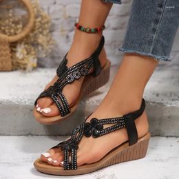 Dress Shoes Roman Sandals Summer Regional Style Crystal Women's Elastic Strap Lightweight Ladies Casual Wedges Sandalias