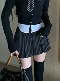 HOUZHOU Preppy Style Striped Pleated Skirt Women Vintage Sexy Cute Korean Fashion High Waist Aline Black Mini Skirts Y2K 2000s 240106