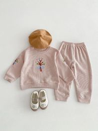 Clothing Sets 2024 Spring Kids Clothes Girls Embroidered Waffle Tracksuit Cotton Flower Long Sleeve Tops Pants 2Pcs Baby Sweatshirt