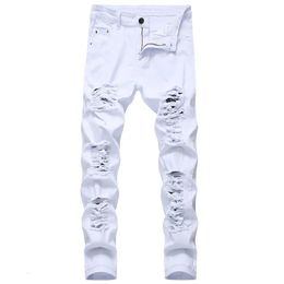 Men's White Jeans Fashion Hip Hop Ripped Skinny Men Denim Trousers Slim Fit Stretch Distressed Zip Men Jean Pants High Quality 240106