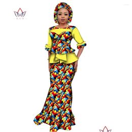 Ethnic Clothing Plus Size Women Two Piece Set Short Sleeve Bazin Riche Africa Style Fashion Skirt Suit O-Neck African Outfits Wy2394 Dhhrb