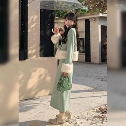 Work Dresses Miiiix Chinese Style Button Up Woolen Jacket For Women's Autumn And Winter Fashion Retro Long Skirt Two-piece Set