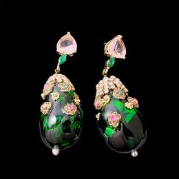 Women Eardrop Brass Copper Alloy Green Glaze Waterdrop Dangle Earrings for Female Part Crystal Push Back Jewellery Accessories