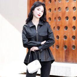 Women's Leather 2024 Jackets For Women Autumn Winter Jacket Short Drawstring Sheepskin Coats Korean Fit Fashio