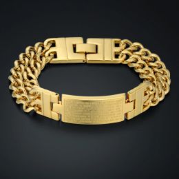 Jesus Christianity Bible Spanish Armband Homme Unikt Golden Cross Thick Chain Link ID Armband 14K Gula guld Men smycken