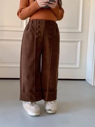 Trousers Girl's Solid Color Pants Autumn Winter Plush Corduroy Material Thickened Double Breasted High Waist Casual Wide Leg