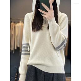 Women's Hoodies 2024 Autumn Winter Woollen Sweater Hooded Long Sleeve Pullover Colour Block Pure Wool Loose Relaxed Half Zip Knit