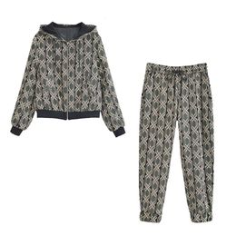 Zach Ailsa-Hooded Jacket for Women Geometric Printed Jogging Pants Fashion Set Early Spring 240105