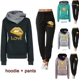 Women's Two Piece Pants 2024 Autumn Winter Golden Lips Print Tracksuit Hooded Sweatshirt Sweatpants 2 Pieces Set Female Fleece Thick Outfits