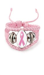 New Breast Cancer Awareness Bracelet For Women Ribbon charm Faith Hope Love Braided leather rope Wrap Bangle Fashion Jewelry5358984