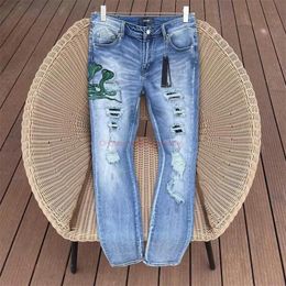 Jeans Designer Clothing Amires Jeans Denim Pants High Street Amies Net Red Embroidery Embroidered Cobra Hole Damaged Jeans Mens Fashion