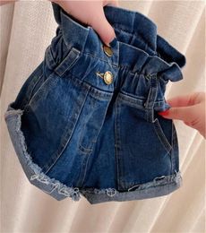 2020 Denim Kid Pants Summer Ruffle High Waist Jean Shorts Pocket Girls Button Elastic Tassel Children Cowboy Pant Fashion Blue 22h5541565