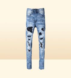 Classic printed embroidery designer mens jeans motorcycle hole luxury denim men039s fashion street wear men designer pants7281545