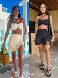 Summer Sexy Tassel Women Two Piece Bikini Set Halter Lace Bra Tassel Mini Skirt Suit Beach Vacation Casual Female Bathing Suit 240105