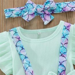 Clothing Sets Born Toddler Girl Summer Outfits Solid Colour Rib Sleeve T-Shirts Fish Scale Suspender Shorts Headband