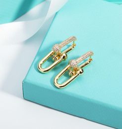 18K gold doublestud earrings for women luxury brand designer OL style shining crystal ear rings earring party wedding Jewellery gift1250280