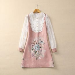 2024 Spring Pink Floral Print Beaded Jacquard Dress Long Sleeve Lapel Neck Panelled Short Casual Dresses S3D121214