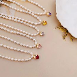 Pendant Necklaces ALLME Korea Candy Color CZ Cubic Zirconia Heart For Women Freshwater Pearl Choker Necklace Wedding Jewelry