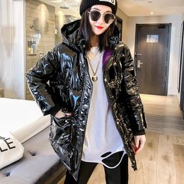 Women's Trench Coats Winter 2024 Fashion Hooded Glossy Down Cotton-Padded Outerwear Women Casual Thick Warm Bright Black Shiny Parka Cotton