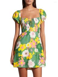 Casual Dresses Women Mini Dress Short Sleeve Square Neck Backless Flower Print A-line Summer