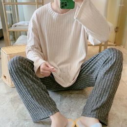 Men's Sleepwear 2024 Latest Spring Winter Men Pyjamas Knit Warm Large Size Loose Nightdress Simple Solid Colour Home Wear Two-piece Set