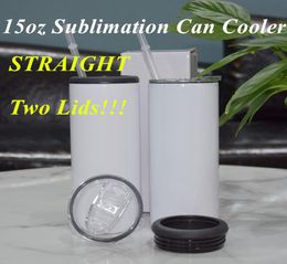 Two Lids 15oz Sublimation Can Cooler Straight Tumbler Stainless Steel Can Insulator Vacuum Insulated Bottle Cold Insulation Can4016592