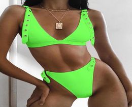 2019 Women Sexy Buttonhole Neon Green Push Up Bikini Brazilian Bathing Suits Low Waist Neon Yellow Swimwear2887669