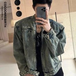 Men Denim Jackets Fashion Vintage Washed Shoulder Pad Short Jean Coat Unisex High Steet Metal Design Stand Collar Clothing 240105