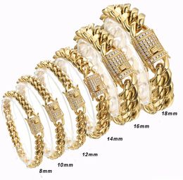 Arrival 81012141618mm Stainless Steel Miami Curb Cuban Chain Crystal Bracelet Casting Lock Clasp Mens Link Jewellery 240105