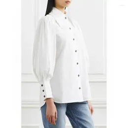 Women's Blouses 2024 Spring And Summer Shirt Cotton Poplin Lace Doll Collar Court Style Solid Color Puff Sleeve