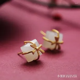 Dangle Earrings 2024 Natural Hetian Jade Cube Sugar Bow Gift Stud S925 Sterling Silver Exquisite Year