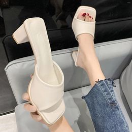 Sandals Ladies Summer Fashion Solid Colour Slip-On Slippers Elegant Shoes Thick Heel Square Toe Footwear Women High Heels