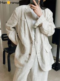HanOrange Summer Texture Lazy Linen Sunscreen Suit Jacket Women Striped Loose Cool Casual Blazer Female BF Style Apricot 240105