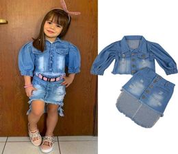 Kids 2Pcs Outfit Clothes Set Girls Blue Puff Sleeve Open Front Denim Jacket Irregular Hem Skirt 16 Years Spring Autumn C02233702314