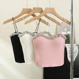 Camis Summer Basic Crop Top Women Patched Fake Diamonds Padded Soft Velour Tanks Sleeveless Tee Top Camisole With Bra